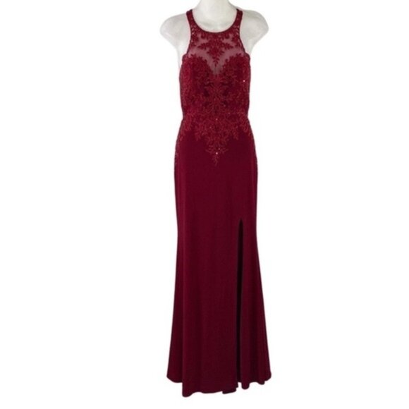 Alyce Paris burgundy lace formal slit leg jersey gown 6 O18 - Picture 3 of 16
